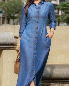 Lasaky - Sophisticated and Fashionable Long Sleeve Collared Cardigan Denim Maxi Dress in a Classic Solid Color Loose Denim Dress, Long Sleeve Denim Dress, Denim Skirt Fashion, Robes Glamour, Robes D'occasion, Moda Denim, Spring Maxi Dress, Maxi Dress Outfit, Denim Maxi Dress