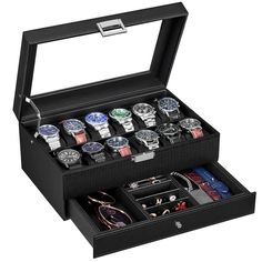 PRICES MAY VARY. TOP-NOTCH QUALITY & CLASSY LOOK: Made from quality textured black carbon fiber cover, well-done seams, refined interior, smooth actual hinge, see-through real glass top, this well-built watch box is sturdy as well as elegant. The black color and sleek design can match the dresser perfectly. Your man must be very happy when receiving such a nice gift at birthday or Christmas WATCH & JEWELRY COMBO CASE: The first layer offers 12 sections to hold your watches, and the watch holders Modern Rectangular Watch Case For Formal Occasions, Mens Watch Holder Organizers, Luxury Black Watch Accessories With Original Box, Luxury Black Watch Accessories Box, Christmas Watches, Mens Watch Box, Watch Organizer, Watch Holder, Watch Storage