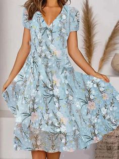 An exclusive offer for you——Affordable prices at Zolucky store, SPU: 2941KDR6K75F8, Color: Sky Blue Black Light Blue Pink Peach, Dress length:Midi, Sleeve Length:Short Sleeve. Floral Chiffon Dress, Peach Dress, Black Peach, V Neck Midi Dress, Floral Chiffon, Types Of Dresses, Floral Style, Peach Pink, Chiffon Dress