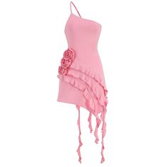 a pink dress with flowers on the side and ruffles at the bottom,