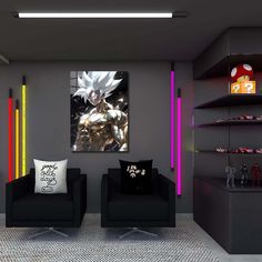 a living room filled with black furniture and neon lights