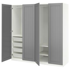 an open closet with drawers and shelves on each side, including two doors that are closed