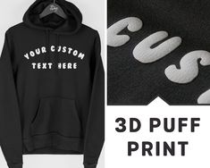 "A Quality Custom Text Hoodie Printed Using a Premium 3D Puff Print. This item is ideal for anyone wanting a personalised hoodie with a premium print finish. Each hoodie is hand printed to order using the finest materials.  --- HOW TO ORDER --- 1. Choose the colour of the hoodie you require. 2. Choose the size (see size guide in the listing images). 3. Personalisation: * Maximum 4 lines of text. * Up to 3 words per line (12 words in total). * Enter font choice required. * Example: Font 2 Line 1: The Quick Line 2: Brown Fox Line 3: Jumps Over Line 4: The Lazy Dog NOTE: If no font choice is mentioned then this item prints as the style shown in the main product image by default. 4. Click the \"Buy it Now' or 'Add to Basket' Button Please message us if you have any questions and we will assist Customizable Hooded Sweatshirt For Winter, Customizable Hooded Winter Sweatshirt, Customizable Black Hoodie For Fall, Puff Print Hoodie, Lazy Dog, Puff Print, Print Finishes, Personalized Hoodies, Print Hoodie