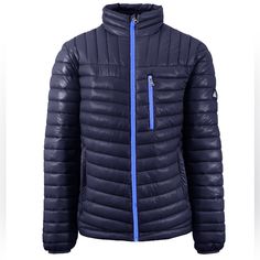 This Jacket Has 2 Front Zipper Pockets And One Zipper Pocket On Top, Also 2 Inside Pockets. Blue Weatherproof Puffer Jacket For Cold Weather, Navy Outerwear For Outdoor Activities, Navy Long Sleeve Puffer Jacket For Cold Weather, Blue Puffer Outerwear For Outdoor Activities, Blue Puffer Outerwear For Hiking, Blue Long Sleeve Puffer Jacket For Hiking, Navy Puffer Jacket For Winter Outdoors, Navy Puffer Jacket For Winter Outdoor Activities, Navy Winter Puffer Jacket For Outdoor