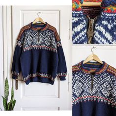 Vintage Dale Of Norway Wool Sweater Quarter Zip Size: M-L , check measurements  armpit to armpit: 60 cm back length: 73 cm sleeve length from neck to cuff: 78 cm sleeve length from pit to cuff: 51 cm Great condition, check photo ! visit the shop https://garagevintageclothes.etsy.com Free shipping when you buy 2 items and more 🚚 Norwegian Sweater Outfit, Blue Nordic Crew Neck Sweater, Multicolor Nordic Winter Sweater, Norwegian Wool Sweater, Dale Norway Sweater, Black Harley Davidson, Dale Of Norway, Norwegian Sweater, Cable Cardigan