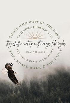 an eagle flying through the air with trees in the background and a bible quote above it