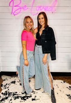 100% Cotton; No-Stretch; YOU NEED THESE wide leg, rhinestone chain, split leg jeans. They are literally Perfection, and there is nothing more to say about this subject babe! Short Sleeve Kimono, Split Legs, Rhinestone Chain, Nothing More, Long Sleeve Bodysuit, Bottoms Pants, Wide Leg Jeans, Sneaker Boots, Long Tops