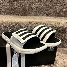 Brand New In A Damaged Box And Authentic Item. Rare. Adidas Logo Synthetic Slides For Streetwear, Sports Open Toe Slides With Adidas Logo, Sporty Adidas Logo Slides With Open Toe, Sports Slides With Adidas Logo And Open Toe, Sporty Adidas Logo Open Toe Slides, Open Toe Adidas Slides For Sports, Adidas Synthetic Slides For Streetwear, Adidas Black Sport Sandals, Adidas Sporty Black Sport Sandals