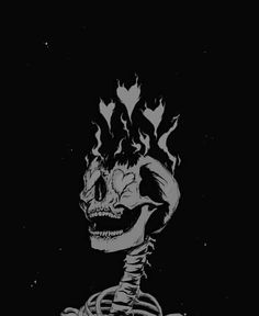 a drawing of a skeleton with flames coming out of its head