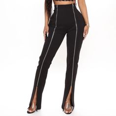 Sexy, Flirty And Fun Fashion Nova Pants. Black With Two Full Front Zippers That Zip Down To Slits In Legs. You'll Definitely Get Noticed In These. Fitted High Rise Bottoms With Side Zipper, Edgy Fitted Straight Leg Bottoms, Stretch Full Length Pants For Club, Stretch Full-length Club Pants, Stretch Full Length Club Pants, High Rise Stretch Pants With Zipper Closure, Trendy High Waist Pants With Zipper Closure, Trendy High Rise Bottoms For Club, Trendy High-cut Leg Pants For Party