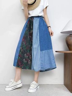 Babakud Women Summer Retro Versatile Skirt Casual Knee-length Patchwork Bottoms, Casual Patchwork Knee-length Bottoms, Knee-length Blue Denim Skirt For Summer, Blue Knee-length Denim Skirt For Summer, Blue Cotton Knee-length Denim Skirt, Blue Patchwork Denim Skirt For Spring, Spring Casual A-line Bottoms, Spring Blue Patchwork Denim Skirt, Casual Cotton Flared Skirt