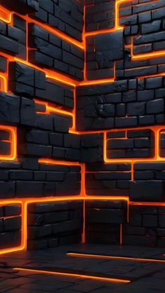 an image of a wall made out of bricks with neon lights in the dark room