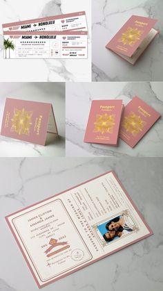 the wedding stationery is designed to look like it has been folded in pink and gold foil