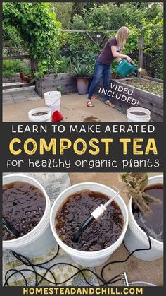 two white buckets filled with compost tea sitting on top of a table