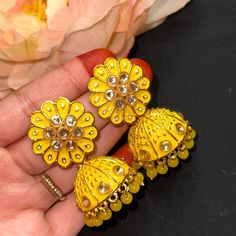 Meenakari Earrings Indian Handmade Jewellery Wedding Favor Bridesmaid Gifts Mehendi Sangeet Ceremony Gifts For Guests. Bright Yellow Meenakari Kundan Pearl Earrings. Not Much Heavy Brand New Yellow Earrings Indian, Yellow Kundan Traditional Wear For Party, Navratri Bridal Earrings With Meenakari Details, Bridal Earrings With Latkans For Navratri Wedding, Cutdana Jhumkas For Navratri Wedding, Wedding Cutdana Danglers For Eid, Wedding Chandbali Jhumkas With Matching Earrings, Tilla Jhumkas For Wedding And Navratri, Meenakari Danglers For Wedding And Navratri