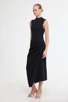 A timeless silhouette, the Kempsey Midi Dress in Black is perfect for events this season. Crafted from our much loved bonded crepe fabrication, featuring a high neckline, gathers through the bodice and front draping design. - Midi dress- Sleeveless design- Invisible back zip- Unlined Model is 178cm / 5'10″ wearing an AU 8 / US 4 Composition: 100% Polyester Draping Design, Hemant And Nandita, Sleepwear Dress, Tanya Taylor, Designer Drapes, Midi Dress Sleeveless, Dress Sleeveless, Black Midi Dress, High Neckline