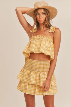 Daveigh Ruffle Crop Top and Skirt Set-Outfits-mable-Shop with Bloom West Boutique, Women's Fashion Boutique, Located in Houma, Louisiana Lsu Game Day Outfit, Crop Top Mini Skirt, Crop Top And Skirt Set, Smocked Skirt, Crop Top And Skirt, Skirt Ruffle, Tiered Mini Skirt, Plaid Crop Top, Mini Skirt Set