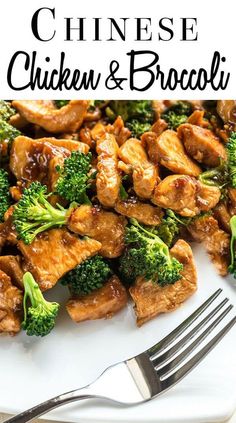 chicken and broccoli on a white plate with a fork next to the plate