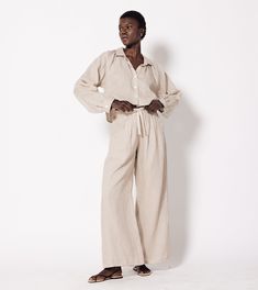 Lovina Pant | Oatmeal Bottoms Cleobella Chic Flax Relaxed Fit Pants, Chic Flax-colored Pants With Relaxed Fit, Chic Flax Colored Pants With Relaxed Fit, Chic Relaxed Fit Flax Colored Pants, Chic Relaxed Fit Flax Pants, Chic Flax Linen Pants, Relaxed Linen Wide Leg Pants For Daywear, Relaxed Fit Wide Leg Linen Pants For Daywear, Effortless Linen Lounge Pants