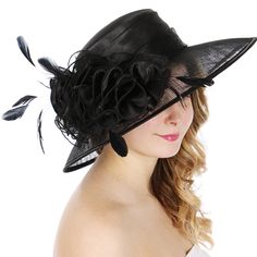 Sinamay Dress Hat With Feather Weight 3oz Size: Brim 4.5" X Crown Height 3.5" X Crown Diameter 7" 100% Sinamay Straw Feathered Hats For Fall, Black Feather Trim Hat For Kentucky Derby, Black Summer Hat With Feather Trim, Black Summer Hats With Feather Trim, Summer Black Hats With Feather Trim, Elegant Black Hat With Feather Trim, Evening Hats With Feather Trim For Spring, Spring Evening Hats With Feather Trim, Spring Evening Hat With Feather Trim