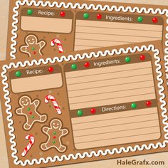 christmas recipe cards with gingerbreads and candy canes