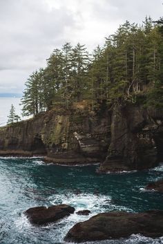 an ocean view with trees on the shore and water in the foreground, surrounded by rocks