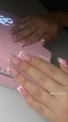 Pink French Tips With Rhinestones, French Tips Flowers, French Tips With Rhinestones, Acrylic Nails French, Pink French Tips, Nails French Tips, Pink Tip Nails