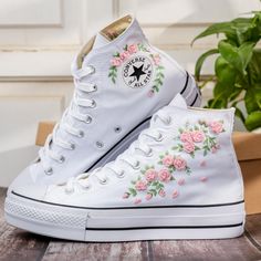 Custom Embroider Platform Sneakers Wedding, Bridal Flowers Embroidered Converse for Bride, Rose Flower Embroidered Converse, Romantic Wedding 💚 Immerse yourself in the intricate craftsmanship as we lovingly hand embroider rustic flowers onto your chosen Converse pair 💚 🌿 The listed price encompasses both the Converse Shoes and the showcased Embroidery Designs. 1. MANUFACTURING PROCEDURE 🌿 Upon receiving your order, we initiate the shoe preparation process. If your chosen shoes are readily av Platform Converse Wedding, Converse Chuck 70s, Bride Sneakers, Converse Wedding, Embroidered Sneakers, Shoes For Bride, Bridal Sneakers, Embroidered Converse, Wedding Converse