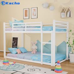 a white bunk bed with blue sheets and pillows