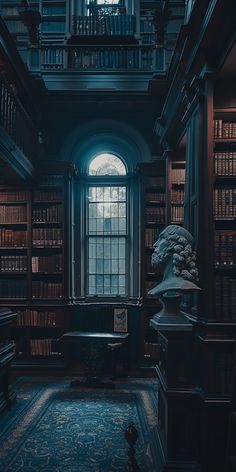 a room filled with lots of books and a statue in front of a window next to a book shelf