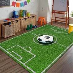 a soccer field rug in a child's room