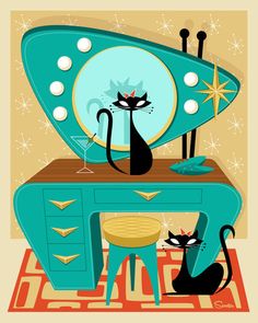 a black cat sitting on top of a blue vanity next to a mirror and stool