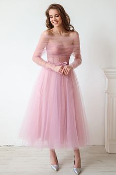 Mademoiselle Tea Length Tulle Midi Dress – JewelClues Tulle Gown Pink, Tulle Midi Dress Formal, Long Flowy Sleeve Dress, Dreamy Tulle Dress, Tea Length Pink Dress, Blush Pink Tulle Dress, Ballerina Length Dress, Long Sleeve Tea Length Dress, Cocktail Midi Dress With Sleeves