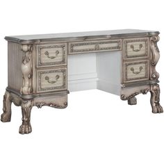 an antique style desk with drawers and two doors on the top, in silver finish