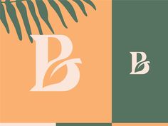 the letter b is surrounded by palm leaves