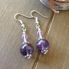 Crystal Earrings Dangle, Lucky Seven, Dangle Silver Earrings, Purple Amethyst Earrings, Purple Dangle Earrings, Beaded Earrings Diy, Birthday Items, Wire Jewelry Designs, Earring Ideas