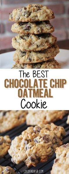 chocolate chip oatmeal cookies stacked on top of each other with text overlay