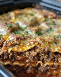 a casserole dish with meat, cheese and sauce