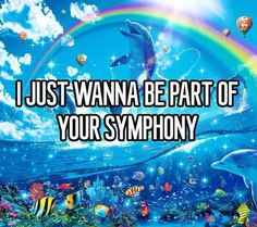 an ocean scene with dolphins and rainbows in the background text reads, i just wanna be part of your symphony