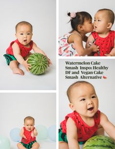 two babies are playing with watermelon cakes