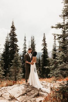 a bride and groom standing on top of a rock in front of some pine trees