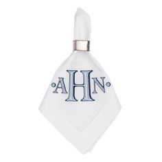 a white handkerchief with the word ahn on it and an initial in blue ink