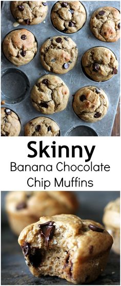 chocolate chip muffins in a muffin tin with the title skinnyy banana chocolate chip muffins