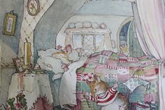 a drawing of a bedroom with a cat on the bed and other things in the room