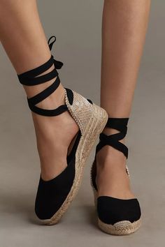 Castañer Carina Wrap Espadrille Heels | Anthropologie Espadrilles Outfit, Castaner Espadrilles, Tie Styles, Black Fits, Heel Height, Anthropologie, Heels, Leather