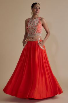 Orange padded blouse with ivory bead, gold sequin, thread embroidery in floral pattern. Paired with waistband embroidered gathered attached cancan skirt. - Aza Fashions Embellished Georgette Skirt For Reception, Wedding Embellished Georgette Skirt, Festive Embellished Georgette Skirt, Festive Embellished Skirt With Traditional Drape, Traditional Long Embellished Dress, Cancan Skirt, Orange Chiffon, Padded Blouse, Beaded Neckline