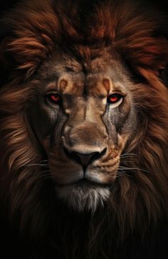 a close up of a lion's face on a black background with red eyes