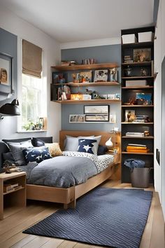 a bed room with a neatly made bed and shelves