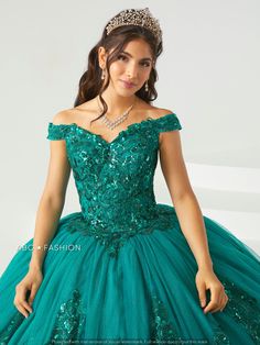 You'll love twirling around in this sequin embroidered long off the shoulder dress with A-line skirt by House of Wu 26002. Made out of tulle, this beautiful off shoulder ball gown features a sweetheart bodice adorned with sequin embroidery appliques, short sleeves, open back, and a floor length A-line skirt embellished with sequins embroidery applique and finishing edge. This look is finished with a lace-up corset back and a sweep train. Note: Cape is not included. Cape Style #30138. House of Wu Green Quince Dress, Green Quinceanera Dresses, Quinceanera Collection, Off Shoulder Ball Gown, Long Mermaid Dress, Sheath Wedding Dress Lace, Tulle Balls, Quince Dress, Sequin Embroidery