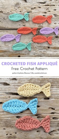 crocheted fish applique is shown in three different colors